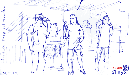Pen sketch: Performance by singers from the Cuban musical group, Melia Las Antillas, Varadero, Cuba. Drawing by artist iThyx