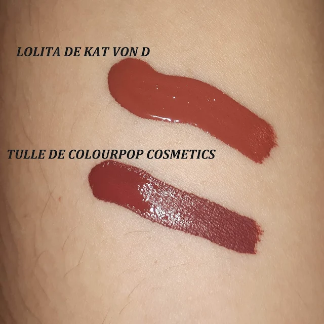 swatches LOLITA de Kat Von D y Tulle de ColourPop Cosmetics