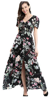 Angelady Bohemian Women Button up Split Floral Print Short Sleeve Beach Maxi Dress