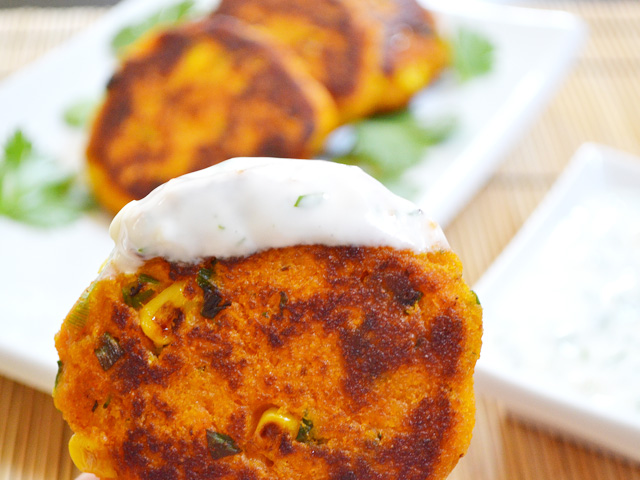 Sweet Potato Corn Cakes with Garlic Dipping Sauce