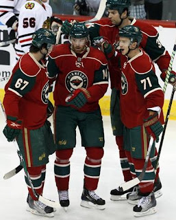 Minnesota Wild Players confering on the ice