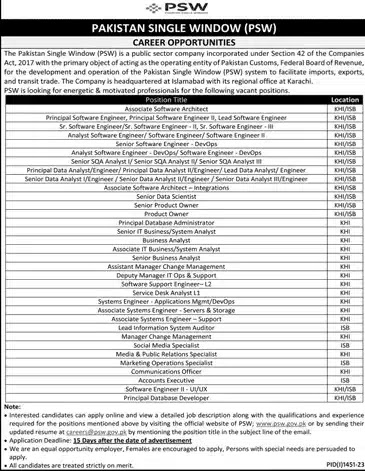 Pakistan Single Window PSW Jobs 2023 - Latest Advertisement