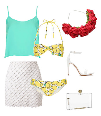 uk fashion, beach outfit, uk style, lemon bikini, see through clutch with red rose crown headband from roses and clementines styled with white high heels from zara