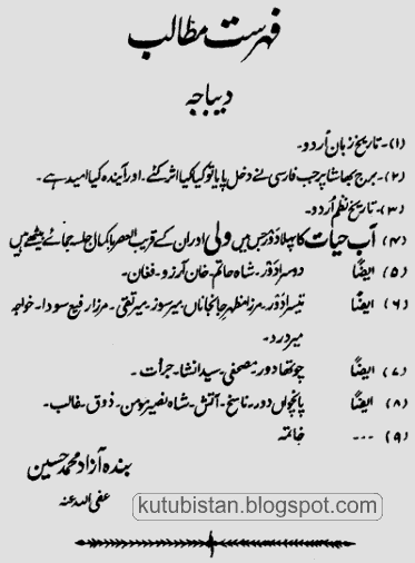 Contents of the Urdu Book Aab-e-Hayat