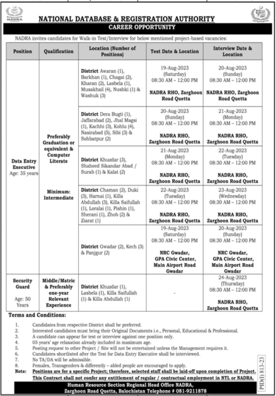 Latest NADRA Quetta Jobs 2023 Advertisement
