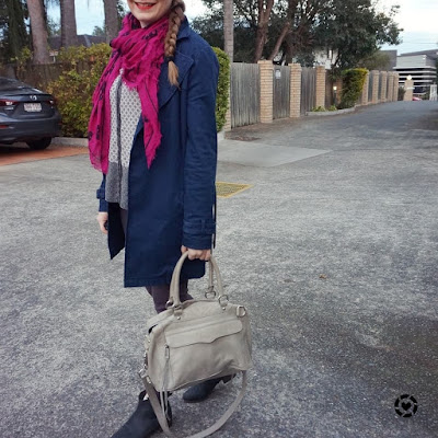 awayfromblue instagram magenta scarf purple jeans mixed print shirt and navy mac coat colourful winter office outfit