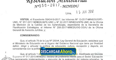 RM Nº 350-2017-MINEDU, sobre la inclusión del área de Ciencia, Tecnología y Ambiente en la Prueba Nacional de ECE 2017 la que se desarrollará en el mes de noviembre