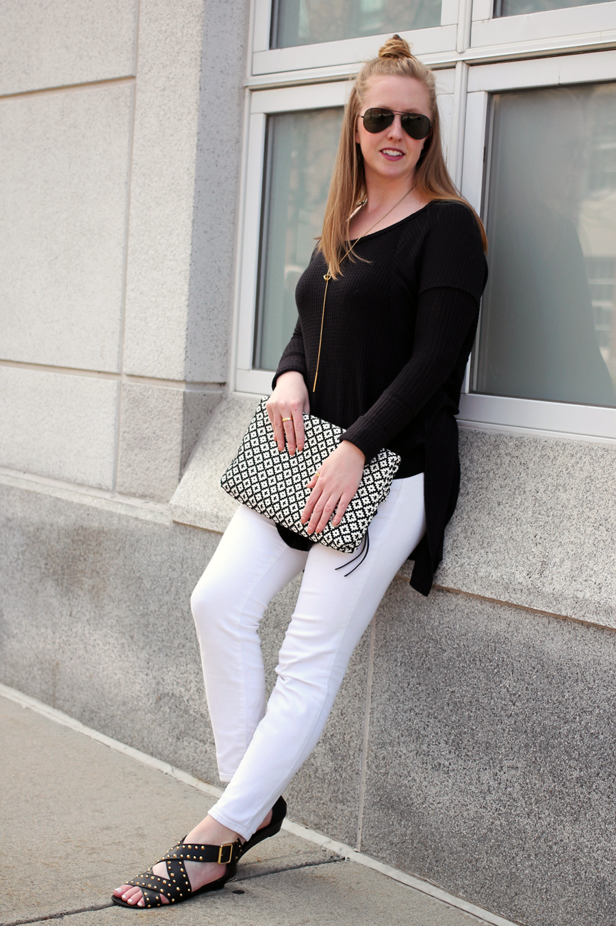 boston blogger outfits, boston blogger spring, black and white street style, street style boston, vince camuto woven clutch, woven black and white clutch, free people thermal top, free people at lord and taylor, shop my post