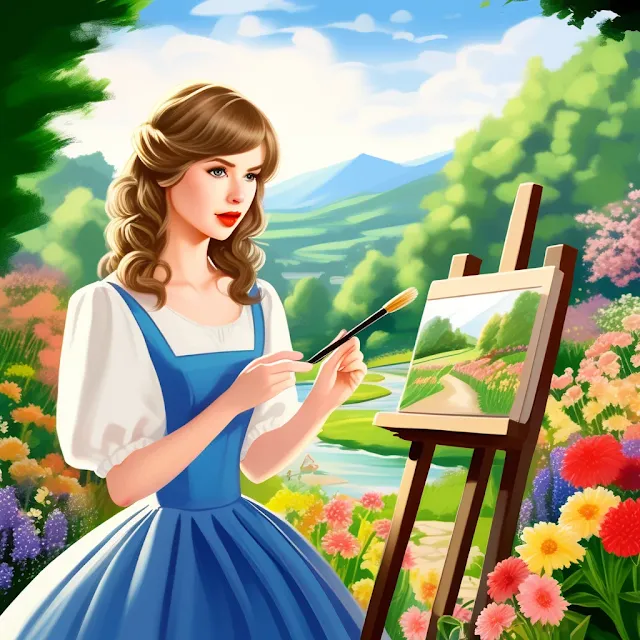 Mujer pintora, pintando sobre un lienzo en un jardín con flores. Imagen Arte-pluss