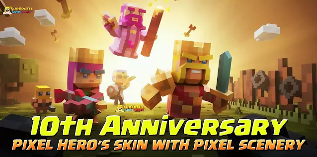 Meet Clash Of Clans 10th Anniversary Pixel King, Pixel Queen, Pixel Champion Skins with Pixel Scenery