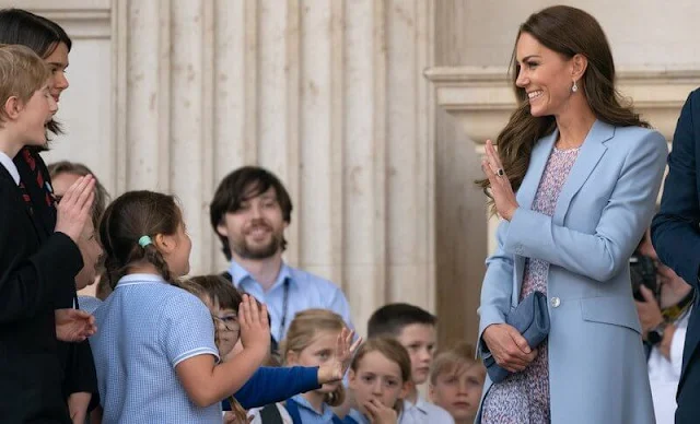 Kate Middleton wore a madison chiffon print dress by L.K. Bennett. Emmy Rebecca Riviera suede pumps