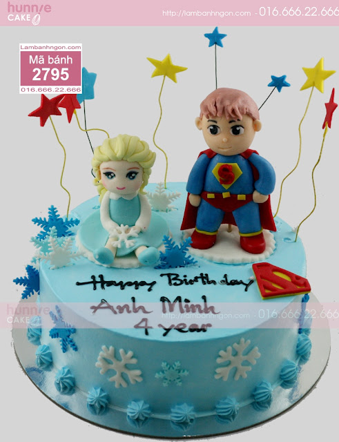 Bánh sinh nhật 3D siêu nhân và Elsa cho bé trai và bé gái