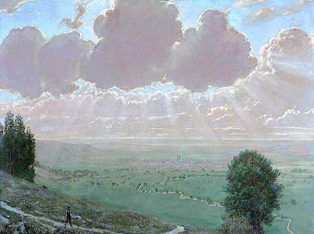 a 1910 Hans Thoma painting of a man walking a very long path towards a city, with radiant clouds in the sky