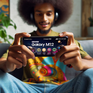 seorang pria sedang menggunakan hp Samsung galaxy m12
