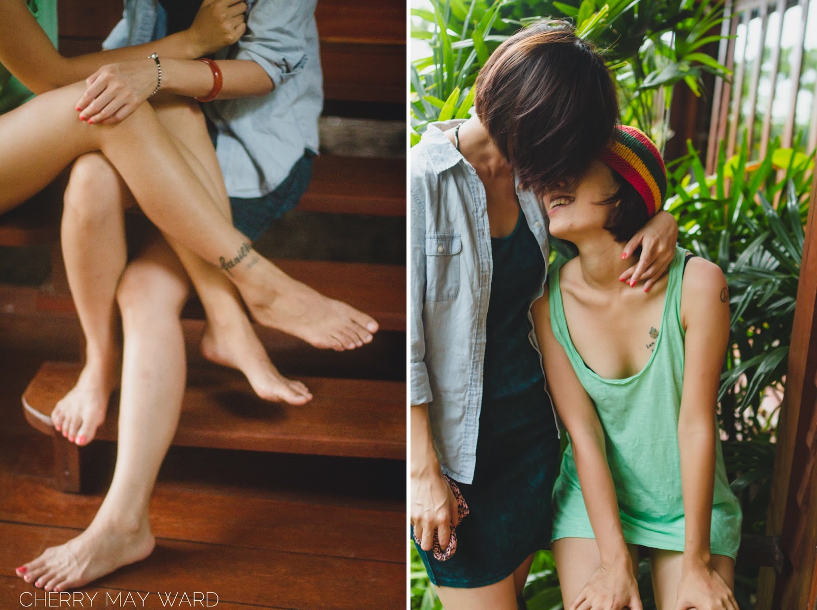 couple sitting together on steps, Thailand couples photos, couple in love, girl smiling at her girlfriend, legs crossed, Cherry May Ward Photography