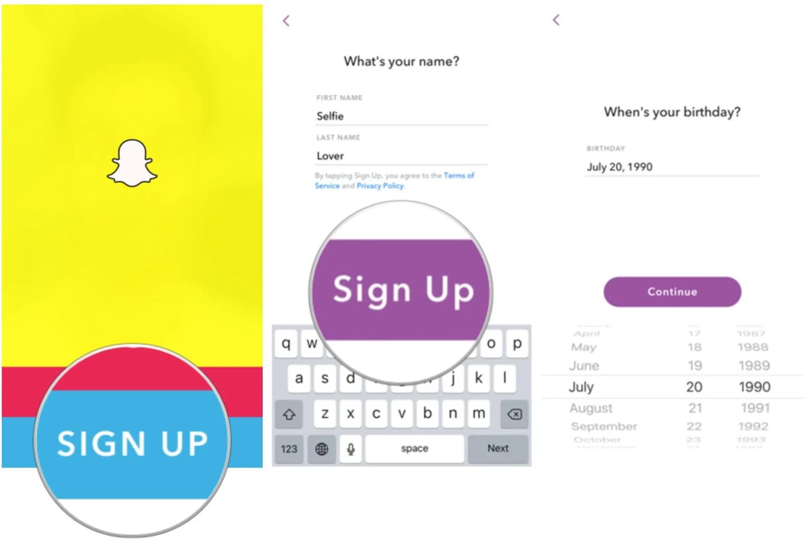 اشترك في Snapchat عن طريق إدخال اسمك وتاريخ ميلادك.