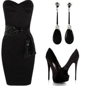 Black gown, black high heel sandals and black ear rings for ladies