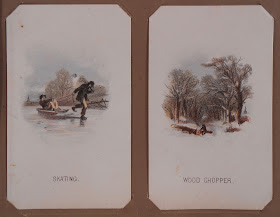 Two cards mounted in album: "Skating" and "Wood Chopper"