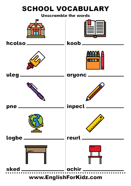 Free unscramble words worksheets - school vocabulary