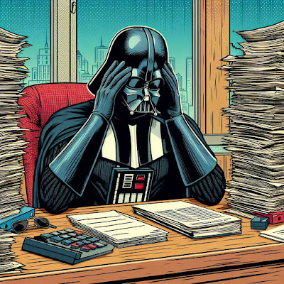 Darth Vader in his office facing a mountain of paperwork