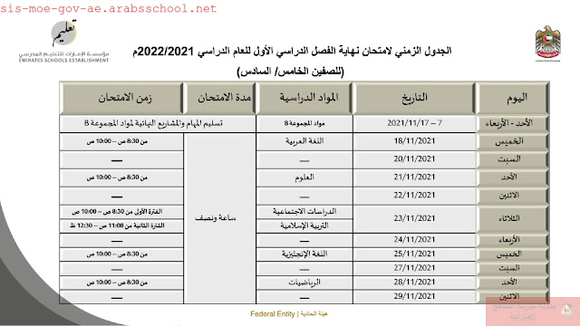 الجدول الزمني لامتحان نهاية الفصل الدراسي الأول للصفين (الخامس والسادس)