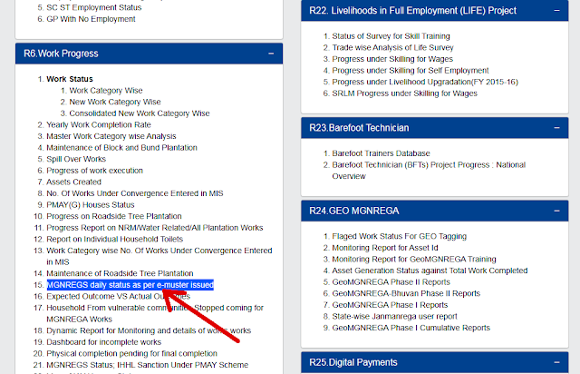 Nrega mis reports select R 6 Work Progress and Click on 15 MGNREGS daily status as per e-muster issued