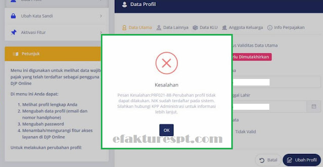 Error Validasi NIK Jadi NPWP Kesalahan PRF021-88