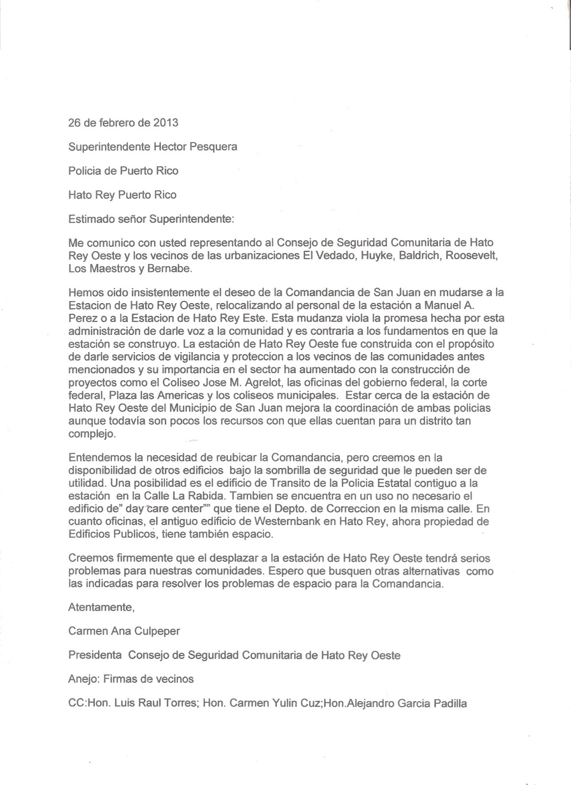 POLICIA HATO REY OESTE PUERTO RICO: Carta al 