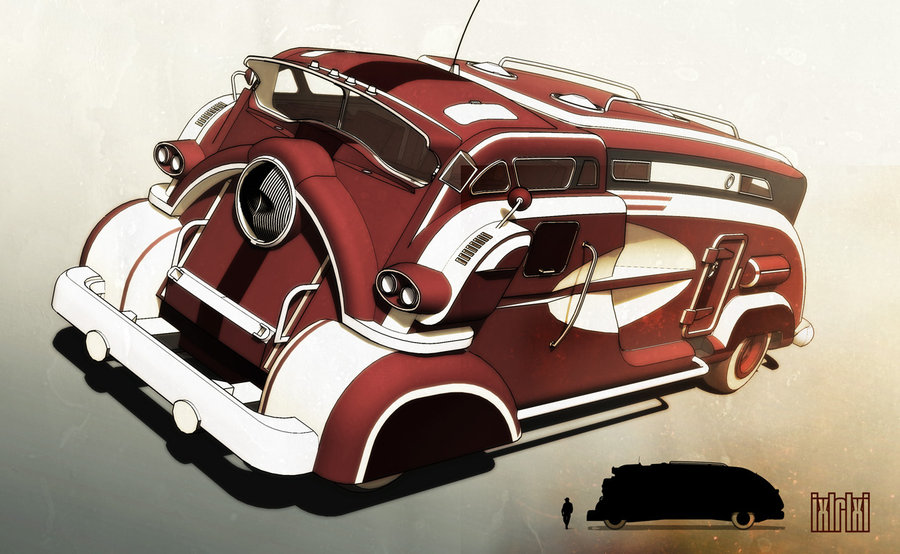 His retrofuturistic truck concepts are similarly imposing