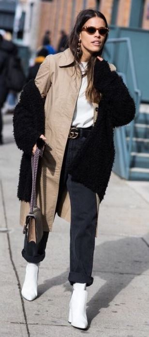 street style obsession | fur jacket + nude coat + white top + bag + black pants + boots