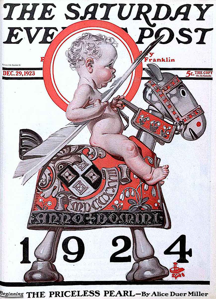 a Joseph Christian Leyendecker illustration of a baby on a toy horse 1923 on New Year's Eve