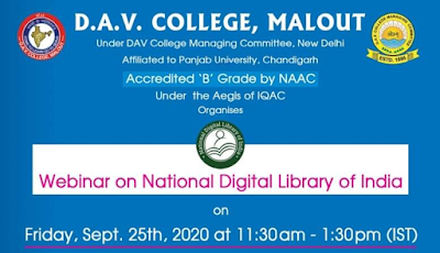 Webinar on National Digital Library of India on Sept 25th 2020 at 11.30 at 1.30 PM IST