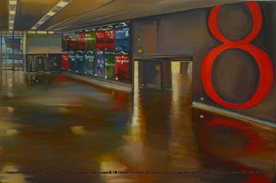 plein air oil painting of interior of abandoned cruise ship terminal Wharf 8 Barangaroo by industrial heritage artist Jane Bennett