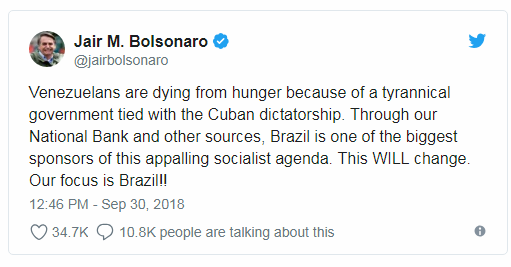 Bolsonaro: Venezuelanos passam fome por vínculos de Maduro com a ditadura cubana