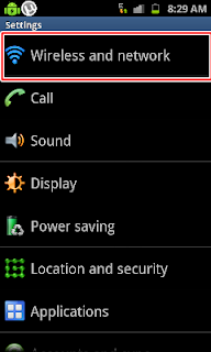 Android settings menu with wireless and network option