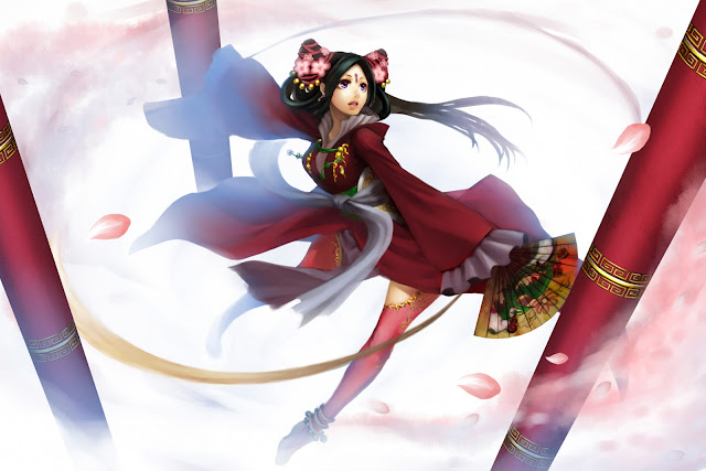   Japanese Dress Black Long Hair Fan Petals Beautiful Cute Girl Female Anime HD Wallpaper Desktop PC Background 2107 