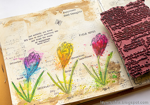 Layers of ink - Colorful Floral Crocus Tutorial by Anna-Karin Evaldsson. Stamp with a script stamp.