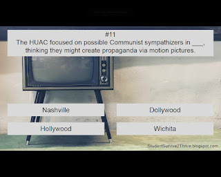 The HUAC focused on possible Communist sympathizers in ___, thinking they might create propaganda via motion pictures. Answer choices include: Nashville, Dollywood, Hollywood, Wichita