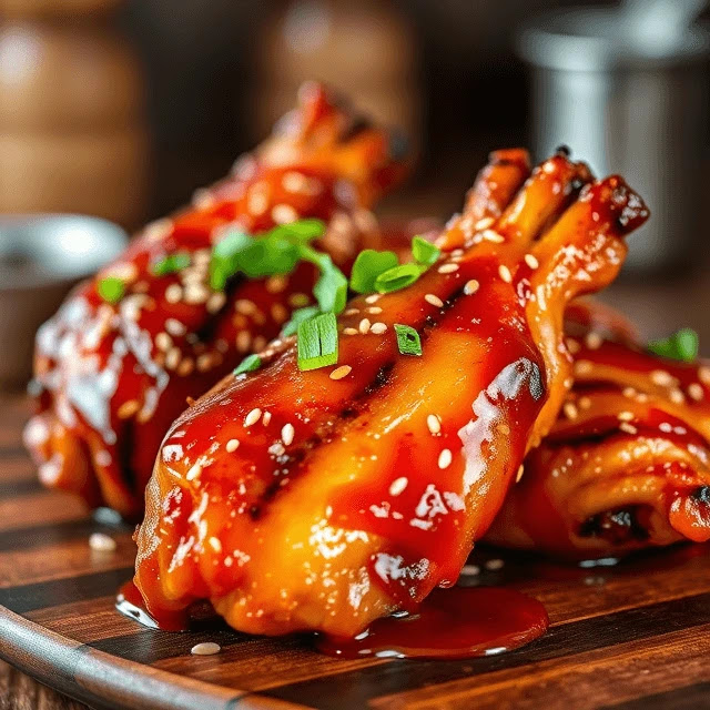 BBQ Korean Chicken Wing with Gochujang Glaze Close-up of BBQ Korean chicken wing glazed with gochujang sauce, garnished with sesame seeds, and green onions on a wooden platter.