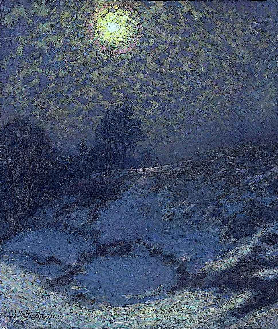 a J. E. H. MacDonald painting of the moon in a blue night sky