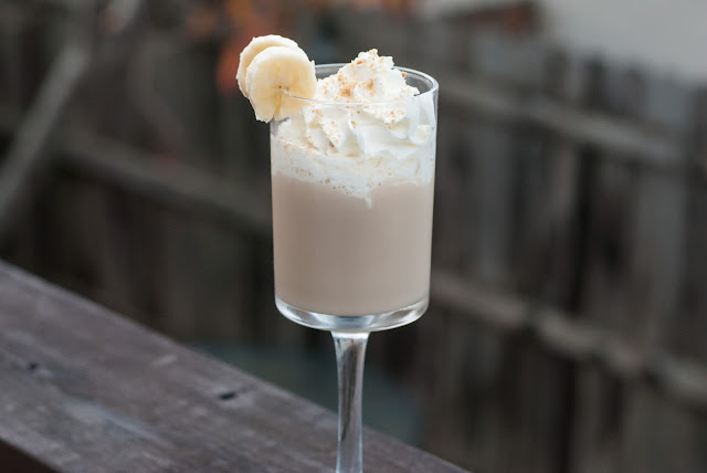 Cinnamon chocolate banana cocktail, chocolate whipped vodka, rum chata, banana liqueur, Godiva white chocolate liqueur