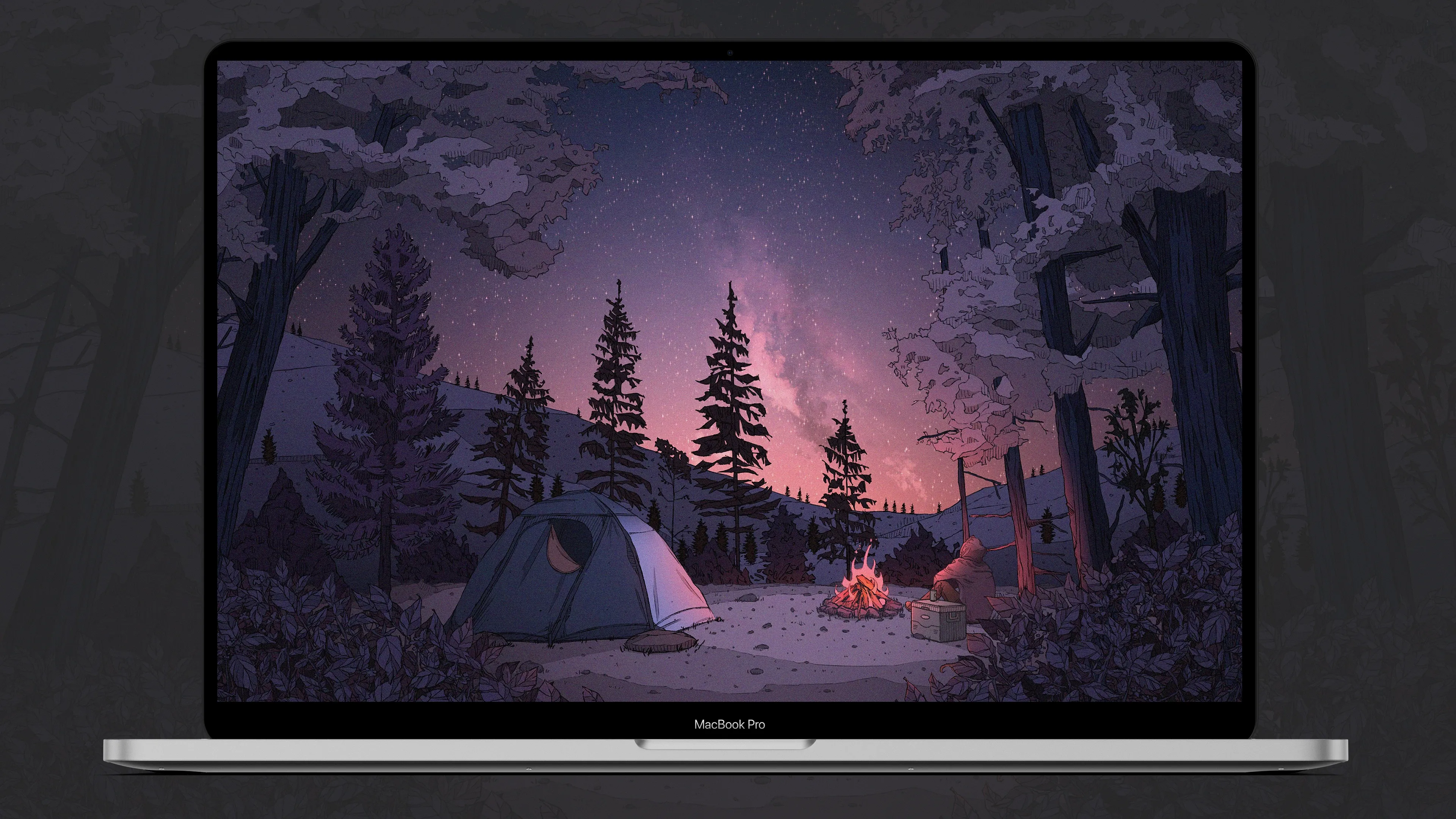 A chill pop lo-fi illustration of a relaxed boy camping alone, enjoying the night beside a relaxing campfire