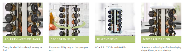 Kamenstein Revolving 20-Jar Countertop Rack Tower Organizer with Free Spice Refills for 5 Years, Polished Stainless Steel with Black Caps