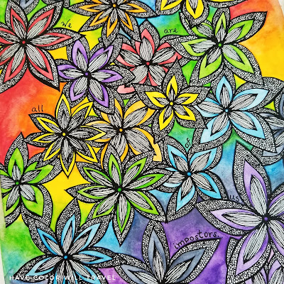 A hand drawn coloring page full of imaginary flowers, with the phrase "We are all of us impostors," written through them. The page is colored in bright rainbow colors.