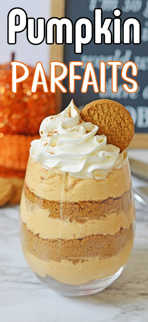 Pumpkin Cheesecake Parfait in a stemless wine glass with a recipe title text overlay.