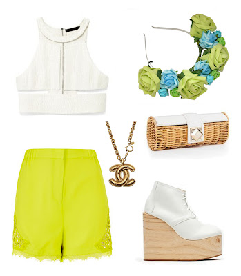 summer uk fashion style, beach outfit, chic, bright lime green shorts with white crop top, gold chanel necklace, very vintage styled with roses and clementines floral crown, lime green roses with light blue and green rose headband, styled with white nasty gal shoes with wooden wedges, cool white lace up boots, wicker basket clutch