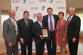 “RTA Jeff Roy, Hurley, Ross, Earley, Poirier, Barrows”:  Pictured with State Representative and Franklin YMCA Red Triangle Award winner Jeff Roy (left center) are (from left to right) Hockomock Area YMCA President Ed Hurley, State Senator Richard Ross, Hockomock Area YMCA Board of Directors Chairman Brian Earley, and State Representatives Betty Poirier and Jay Barrows.