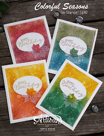 Colorful Seasons stamp set by Stampin Up with sponging and spritzing, what an awesome combination! The Seasonaly Layers thinlits and Stitched Shapes dies help bring these to life.