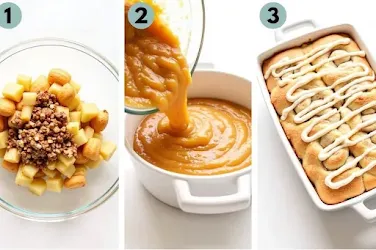Step-by-step images of making Easy Cinnamon Roll Apple Bake, including mixing, baking, and the finished dish with icing drizzle.