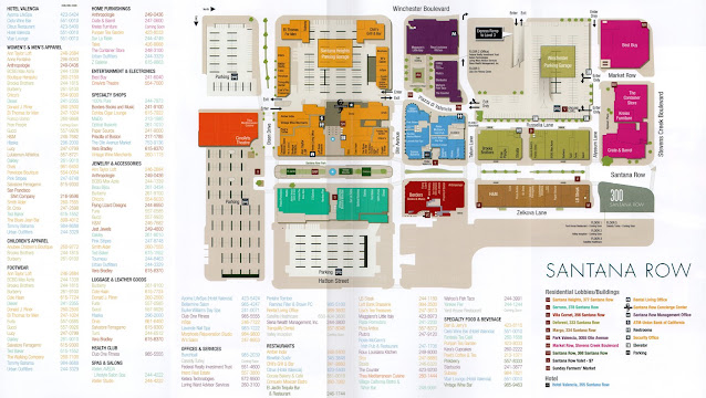Snapshot of the 2011 Santana Row directory map, showing the layout of shops, restaurants, residential units, and hotel spaces in the mixed-use complex.